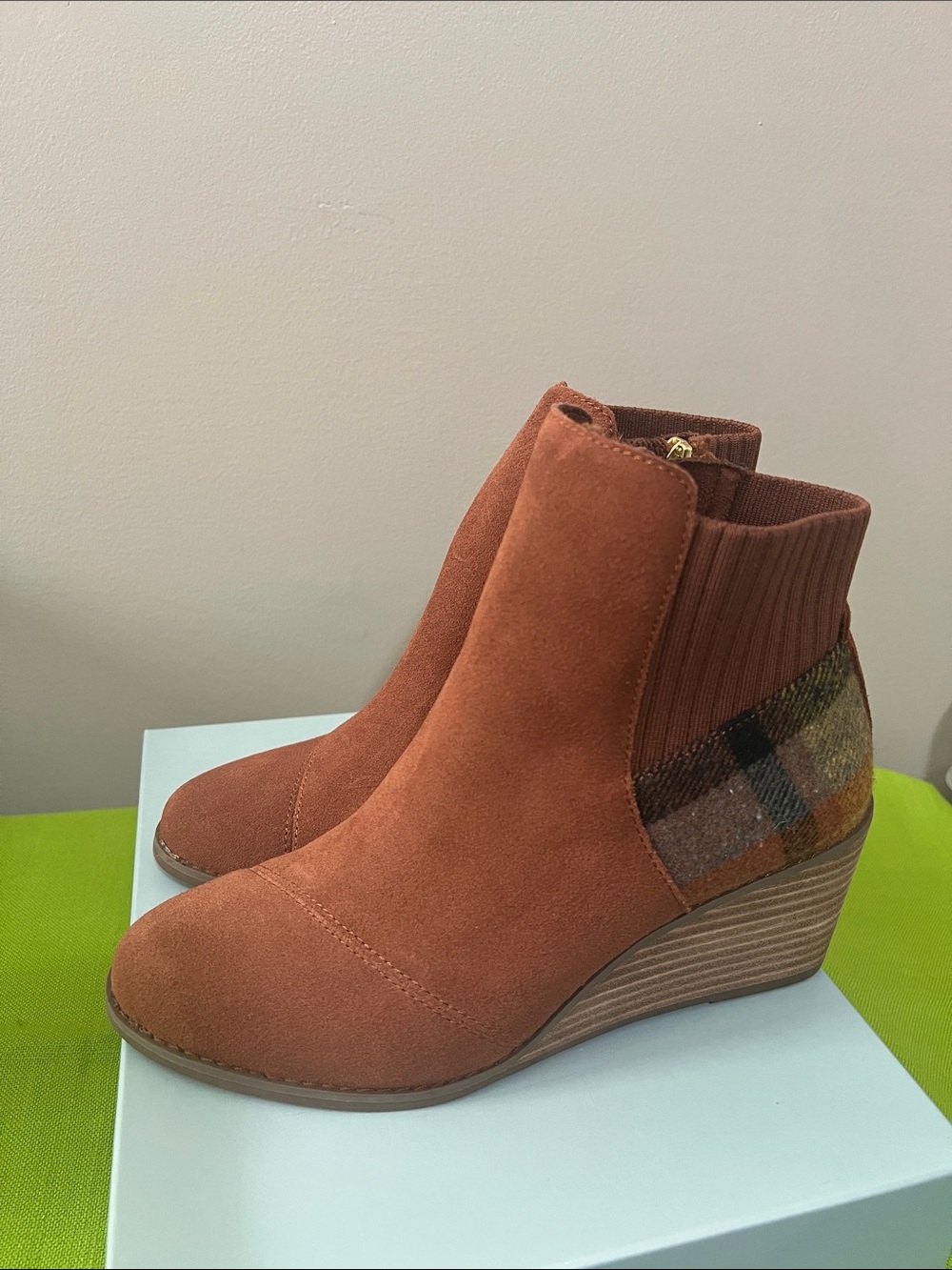 Toms Rust Suede Wedge Ankle Boots with Plaid Heel